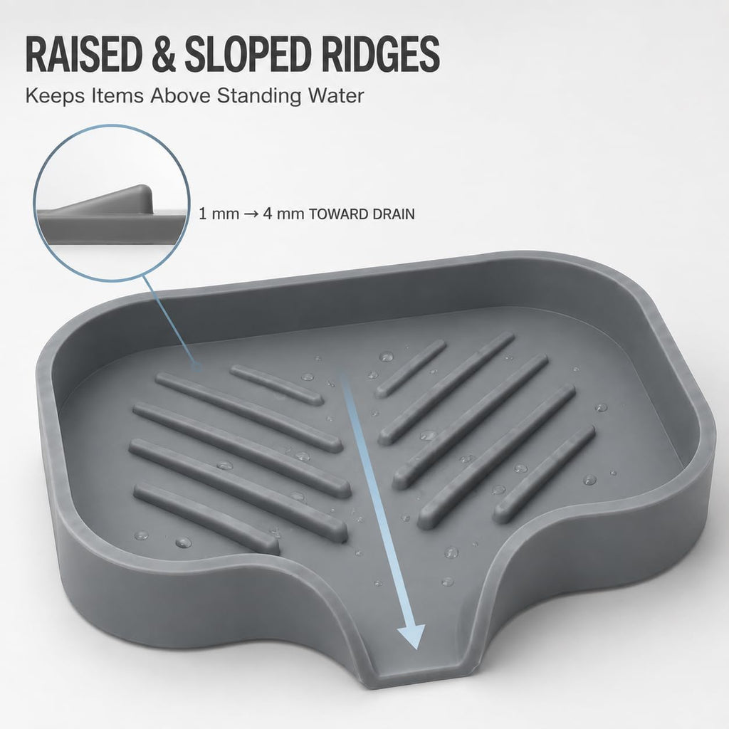 Silicone Soap Dish with Drain Spout, Self-Draining Soap Holder for Kitchen Sink & Bathroom, Non-Slip Silicone Sink Tray for Soap, Sponge, Brush & Dispenser, Dishwasher Safe, Gray (4.8"x3.8")