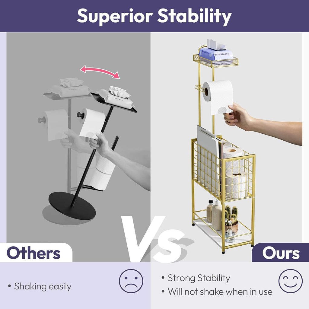 SWTYMIKI Freestanding Toilet Paper Holder - 4-Tier Free Standing Toilet Paper Holder Stand with Large Basket, Stand Mega Roll Storage Rack for Extra Rolls, Magazines, Wet Wipes, Gold
