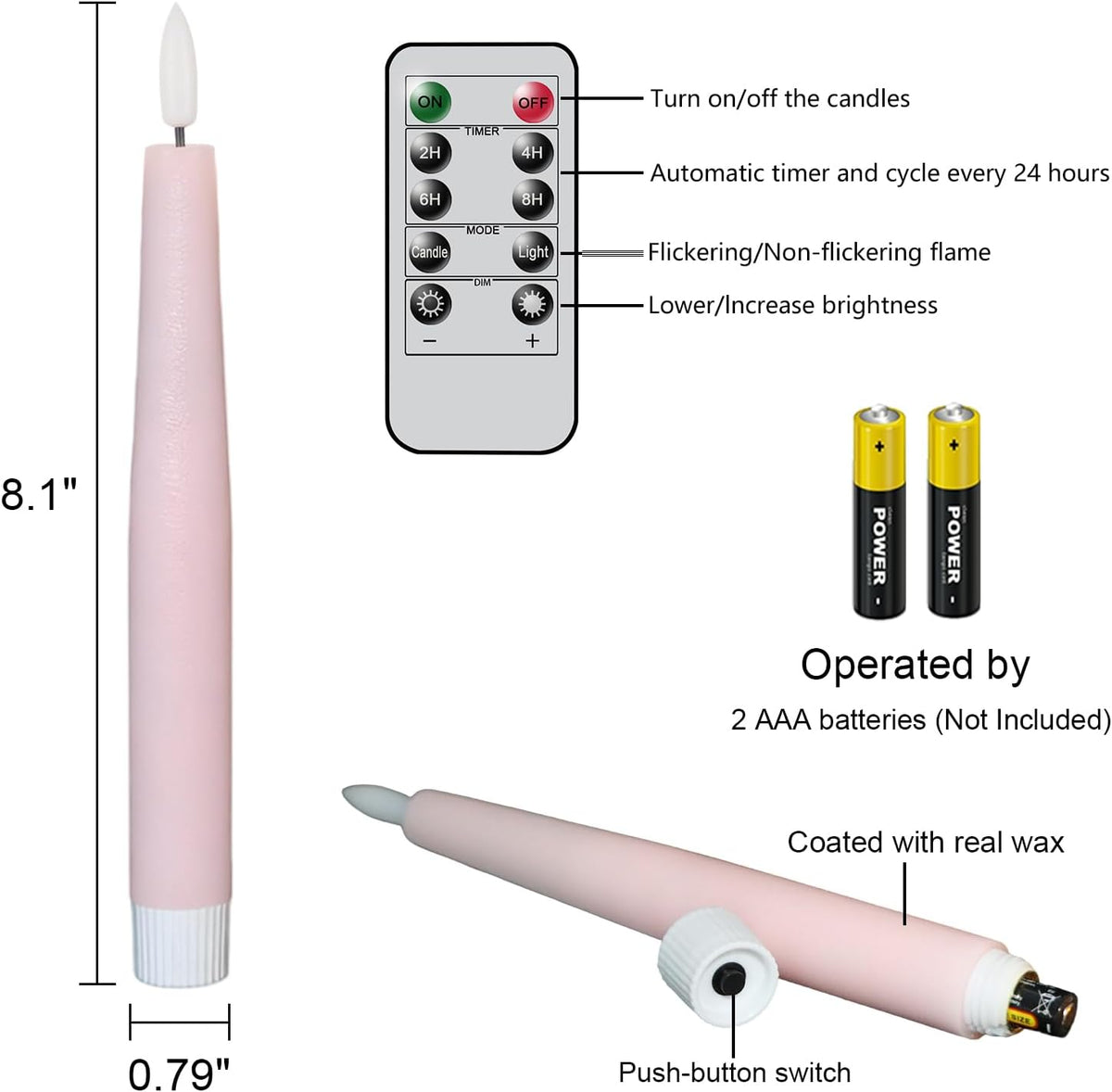 Flameless Taper LED Candles Battery Operated with Remote Timer, Pink