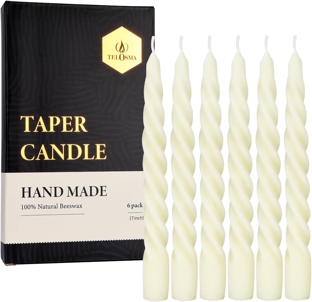 Natural Beeswax Spiral Taper Candles, Pack of 6, 7 Inch Tall- Off White