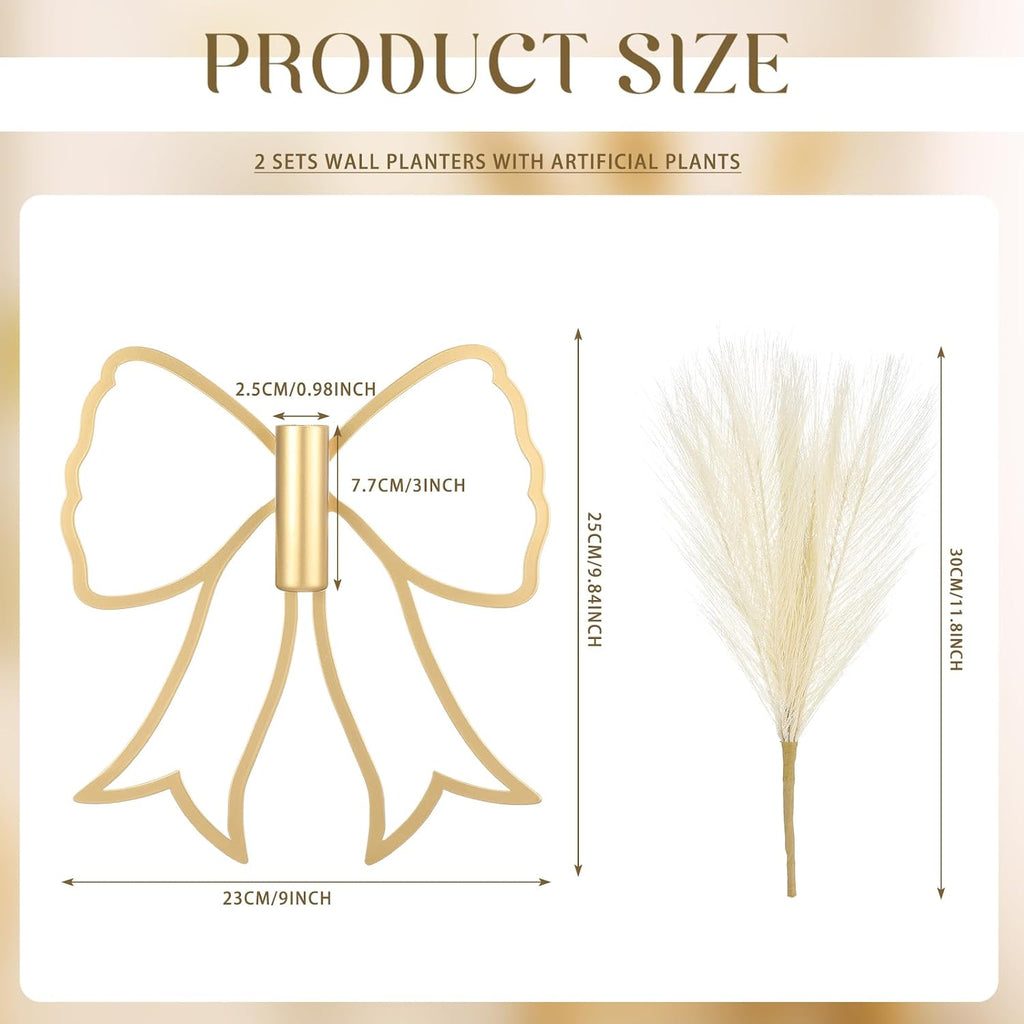 Weysat 2 Pcs Gold Bow Metal Wall Decor Art with Pampas Boho Wall Decor