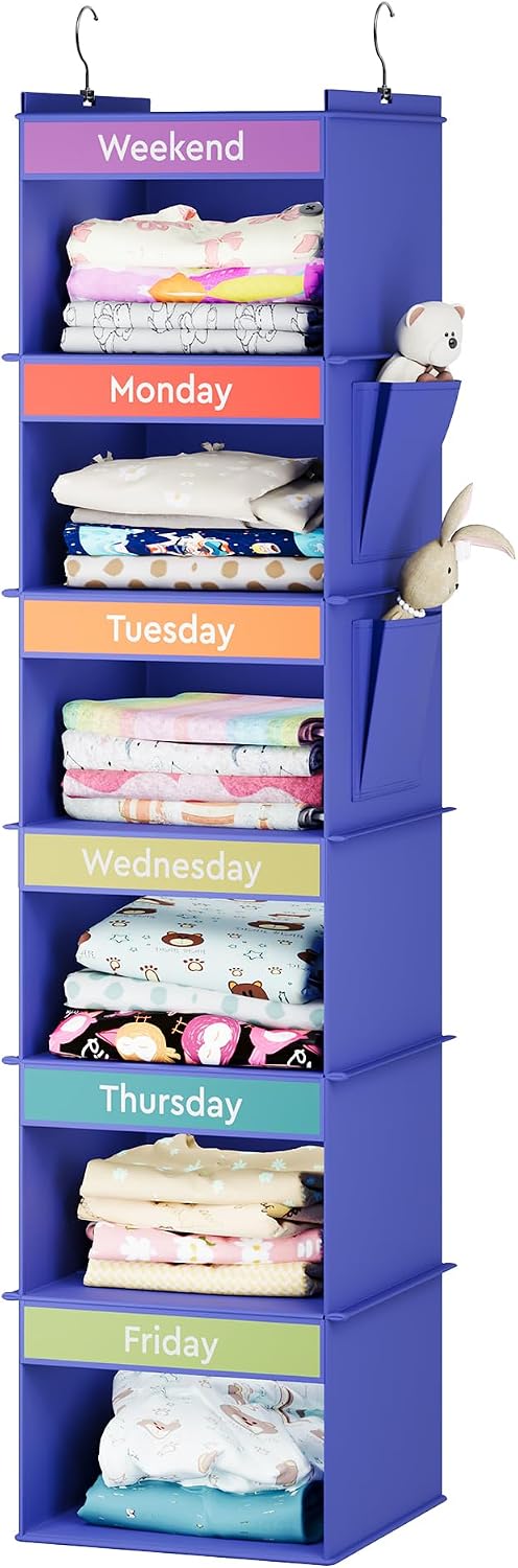 YOUDENOVA Weekly Clothes Organizer for Kids, Hanging Closet Organizer, Blue
