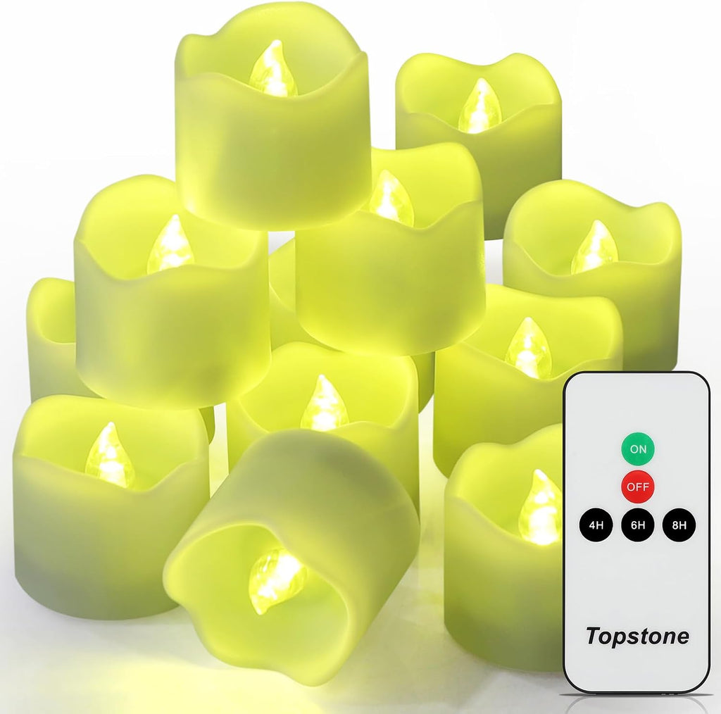 Topstone Green Remote Control Flameless Tealight Candles,CR2450 Battery Powered Votive Candles with Timer,Electric Fake Candle for Home, Christmas Decoration,Pack of 12