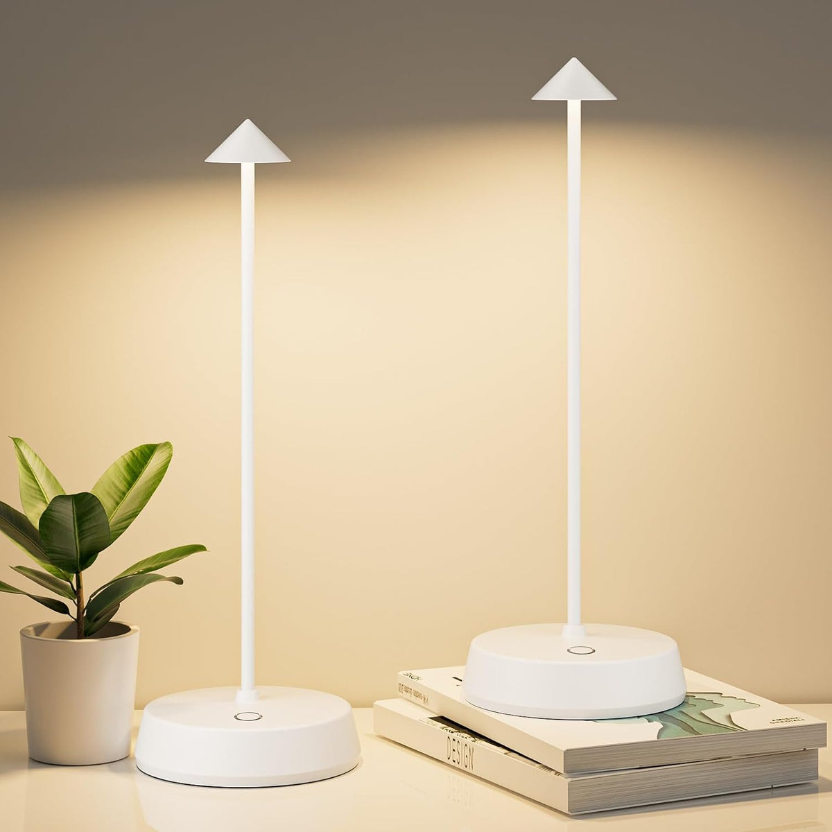 Rechargeable Cordless Small Table Lamp,6000mAh Battery Operated,LED Touch Dimmable Modern TableTop,Portable Outdoor Bedside Night Light for Restaurant/Dining/Bedroom/Living Room/Coffee(White-2pc)