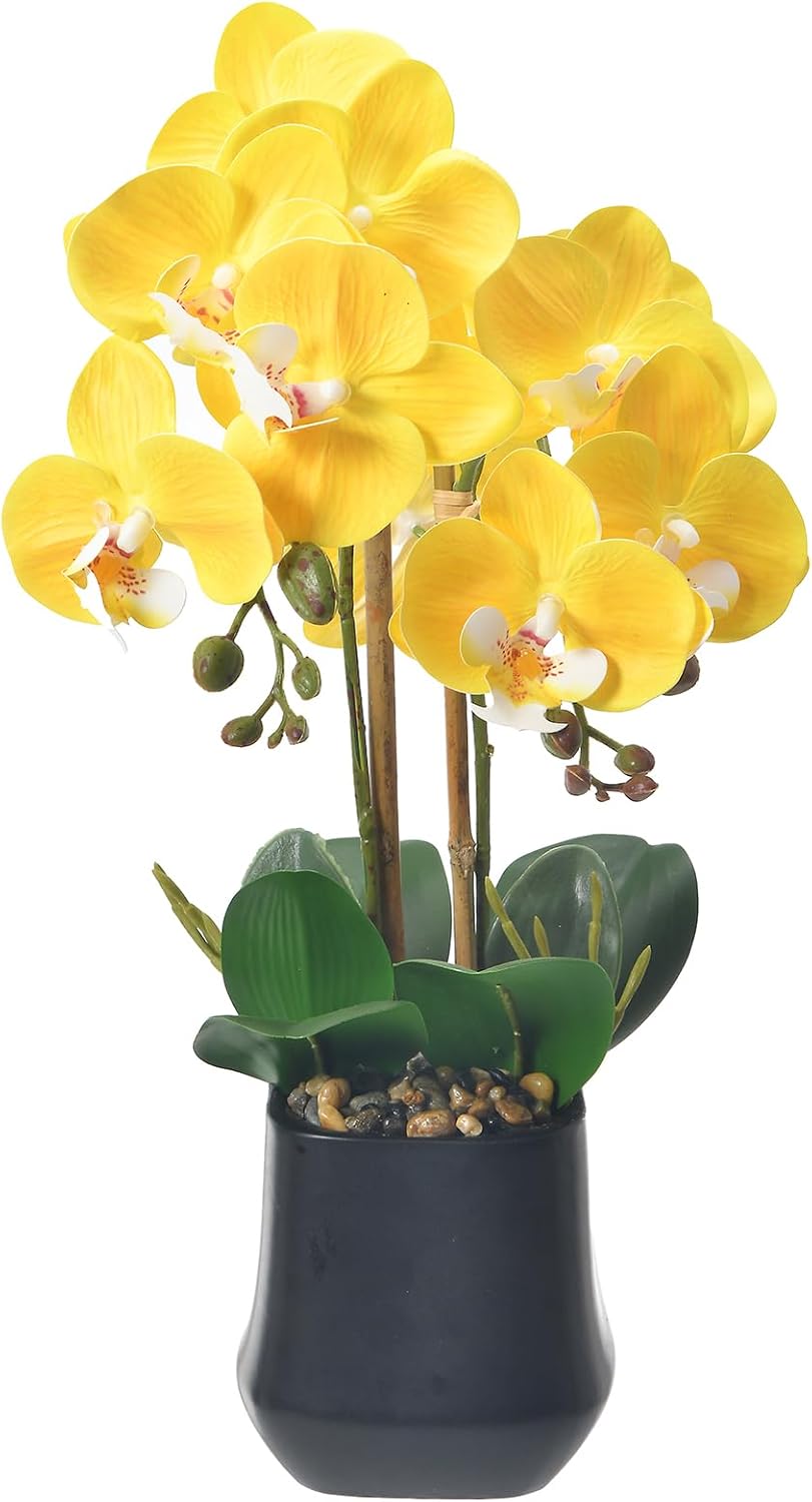 18.5" Yellow Faux Orchid Flowers Arrangement in Matte Black Pot