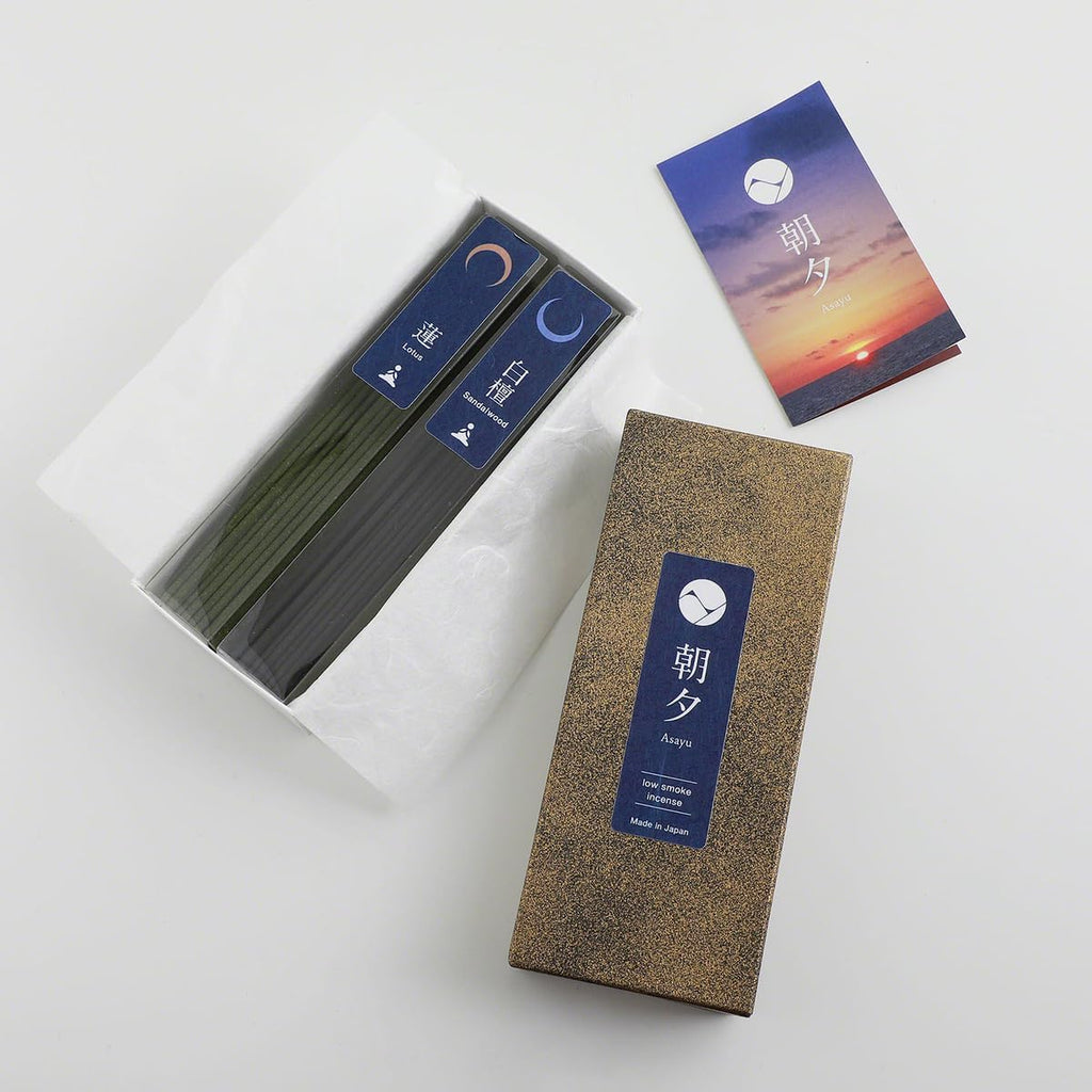 Asayu Japan Yoga Incense Gift Set with Navy Blue Lotus Holder, Low Smoke