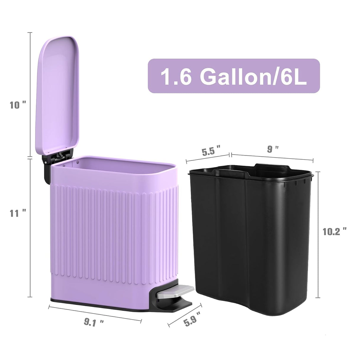 TrashAid 1.6Gal Slim Bathroom Trash Can with Lid Soft Close & Pedal, Purple