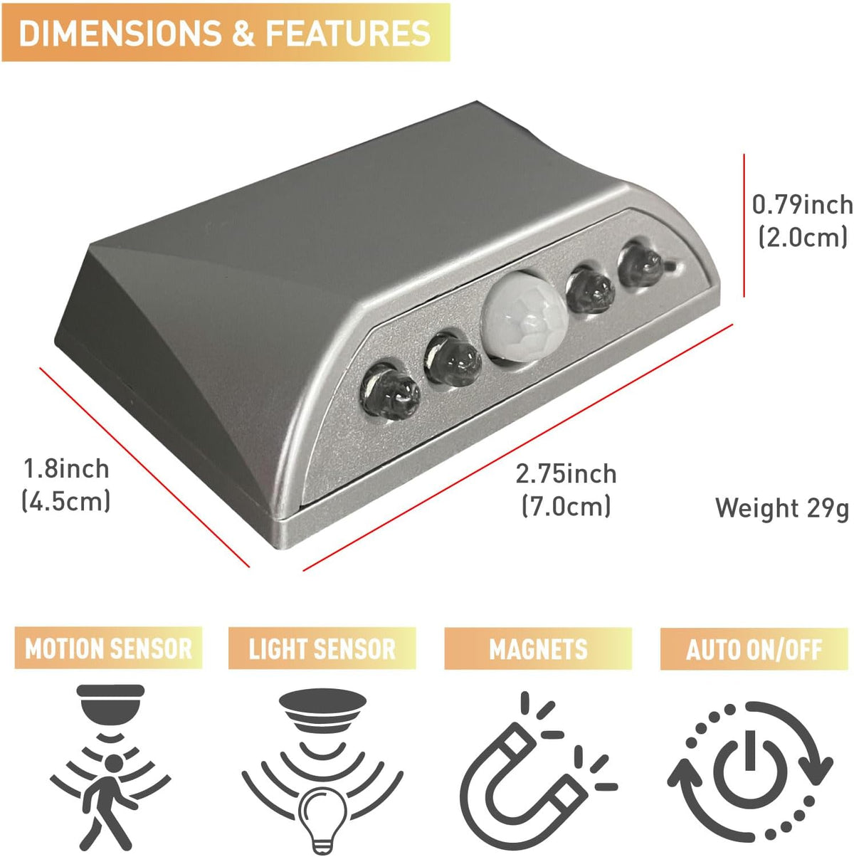 Motion Sensor Keyhole Light, Wireless Battery Operated LED Night Light for Door Lock, Cabinet & Stairway, Auto On/Off Infrared, Magnetic/Adhesive/Screw 3-Way Mount, Silver, 2 Pack