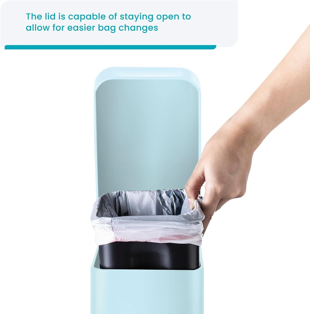 Home Zone Living 1.3 Gallon Small Bathroom Trash Can with Lid and Step Pedal, Stainless Steel Wastebasket with Slim Design for Home and Office, Powder Blue, 5 Liters