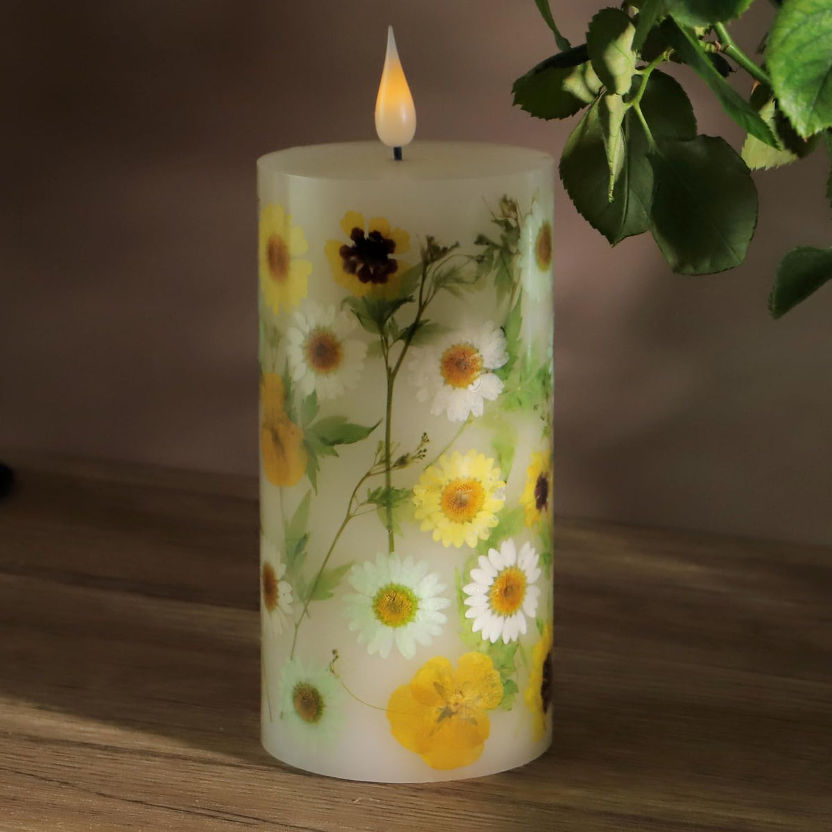 Spring Flameless Candles 3"x6" Real Wax LED Pillar Candles Real Daisy Floral Battery Operated with Remote Timer Flickering Candles Decor for Easter Mothers Day Home Table Mantel Indoor Decor