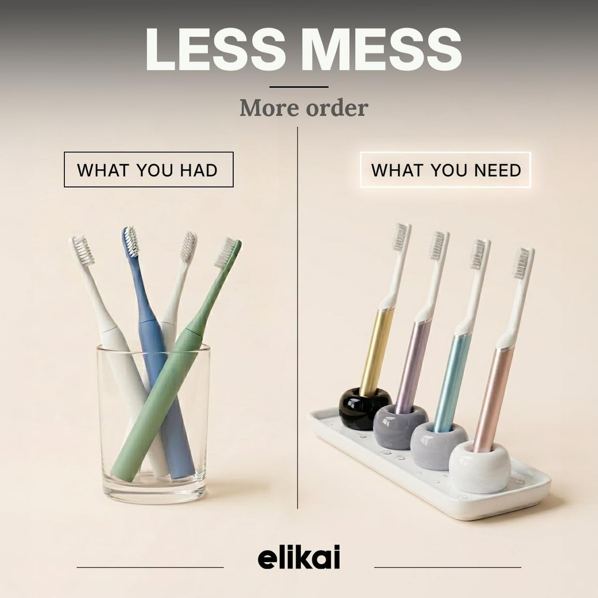 ELIKAI Ceramic Toothbrush Holders with Bathroom Tray, Countertop Organizer for Toothbrushes and Accessories, Hygienic Individual Holder Set (Black, Grey & White, 4 Holders)