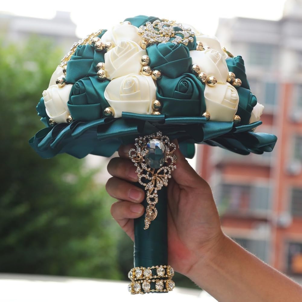 Emerald Green and Ivory Bridal Wedding Bouquet with Gold Brooch Rhinestone Pearl Satin Rose Flower Bouquet for Bride Bridesmaid Quinceanera Wedding Emerald Green and Ivory 7.1in