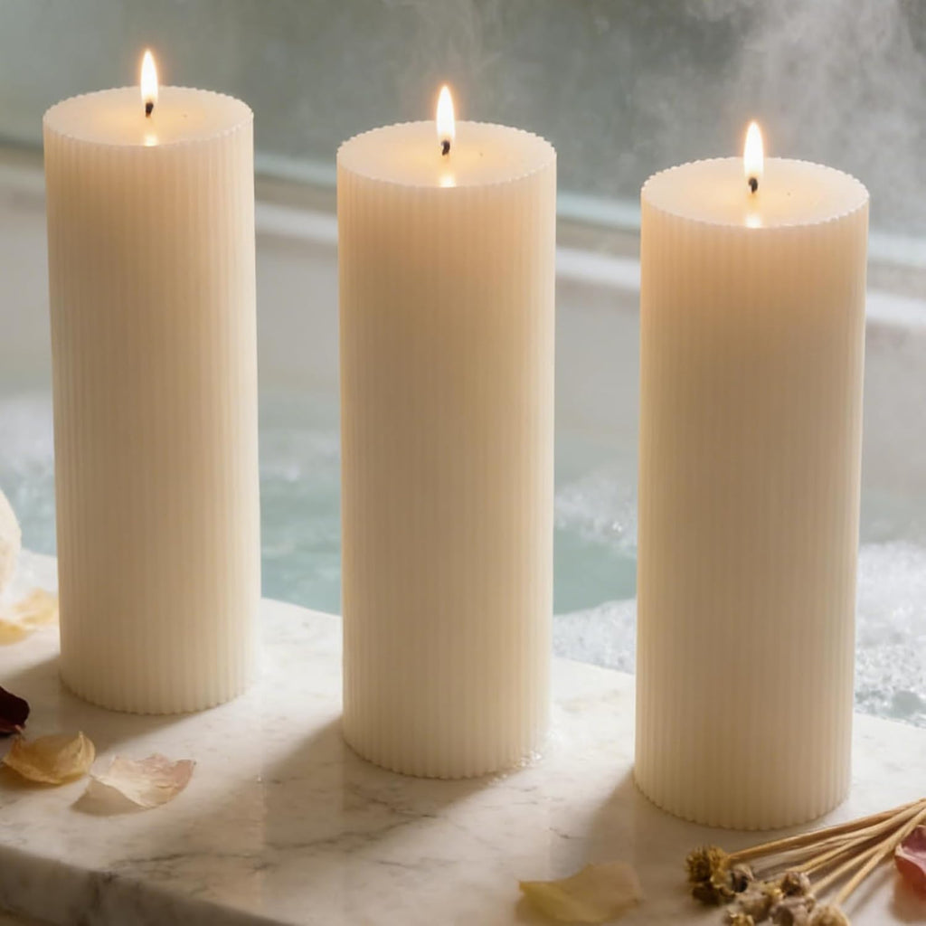 Tall Ribbed Pillar Candles 3x8 Inch 3 Pack White Soy
