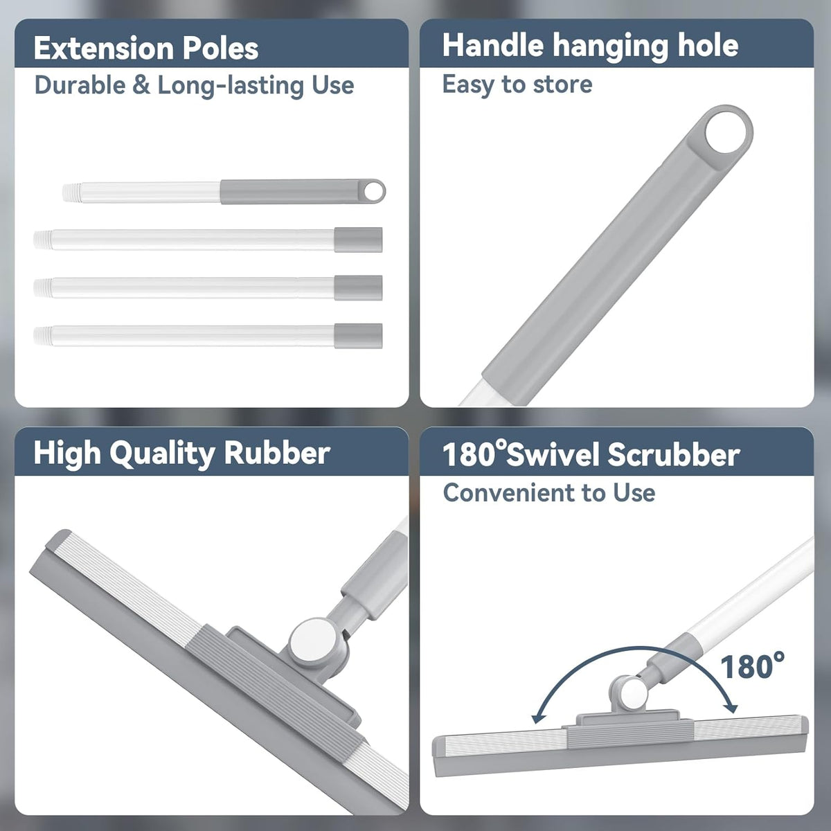 Floor Squeegee with 180° Rotating Head, Squeegee for Floor with 52'' Long Handle, Squeegee Broom, Squeegee for Window Cleaning, Bathroom Tile, Garage Concrete, Deck, Shower Glass, White