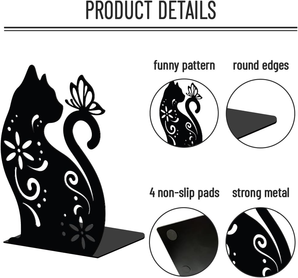 WADORN Cat Flowers Metal Bookends for Shelves Decorative 1 Pair, Animal Heavy Duty Books End Support Non-Skid Book Holder Black L-Shaped Book Stopper for Home Office Desk Book Divider, 4.7x3.5x7 Inch