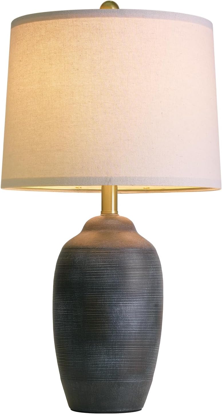 USumkky 24.5" Vintage Ceramic Table Lamp with 5FT Cord- Single Farmhouse Rustic Bedside Lamp with Natural Textured Finish, Nightstand Lamps for Bedroom, Living Room, End Table, Office Retro Black