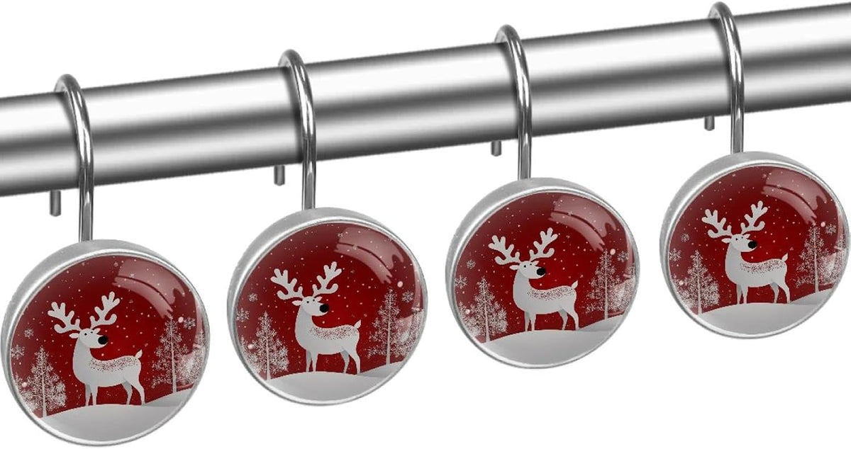 12 PCS Christmas Reindeer Shower Curtain Hooks, Rustproof Stainless Steel Decorative Shower Curtain Rings Hangers for Bathroom Living Room Bedroom Curtains Rods
