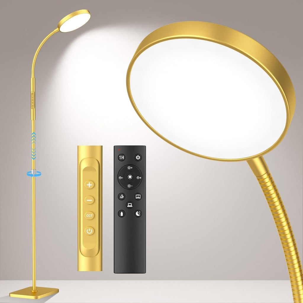 PACOVY Floor Lamp, Adjustable Height Floor Lamps for Living Room Bedroom, 120 LED Super Bright Standing Lamp Remote & Touch Control Dimmable Gooseneck Tall Stand Reading Lamp for Office Craft, Gold