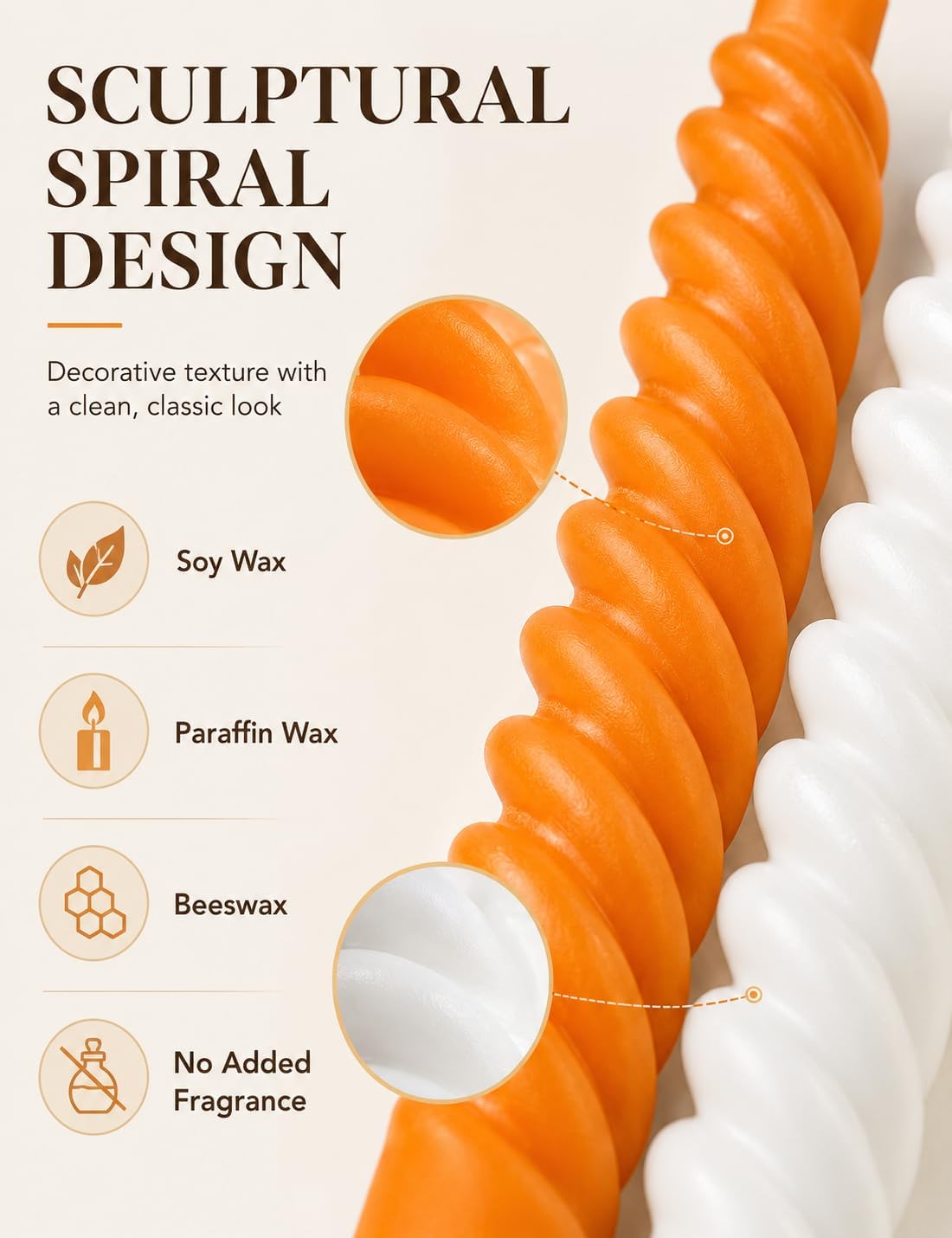10 Inch 3 White and 3 Orange Spiral Taper Candle Set, Unscented Dripless Candlesticks for Fall Harvest Halloween Thanksginving, Holiday Décor, and Festive Dinners