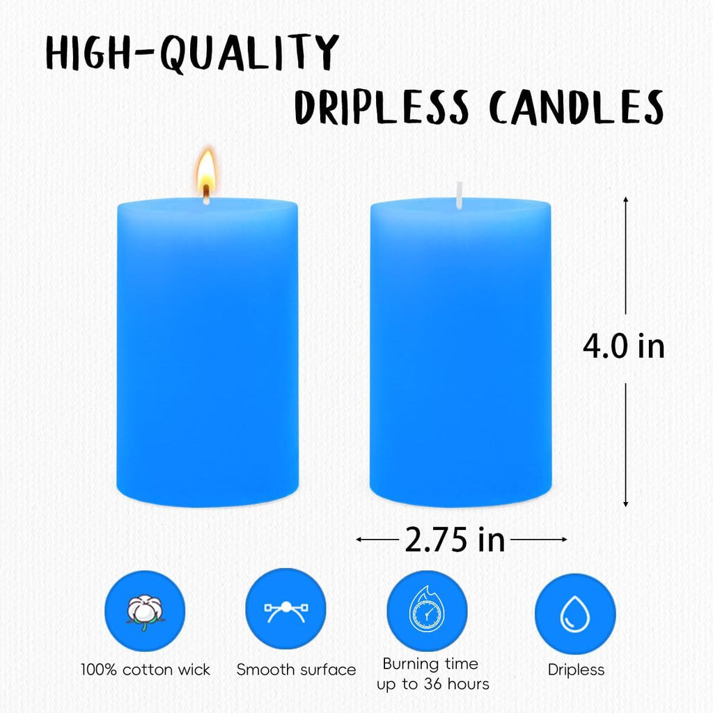 6 Packs Unscented 2.75x4 Inch Light Blue Pillar Candles, Non-Toxic Dripless Cylinder Wax Colored Candles for Home Table Holiday Party Spa Decor Emergency Power Outage