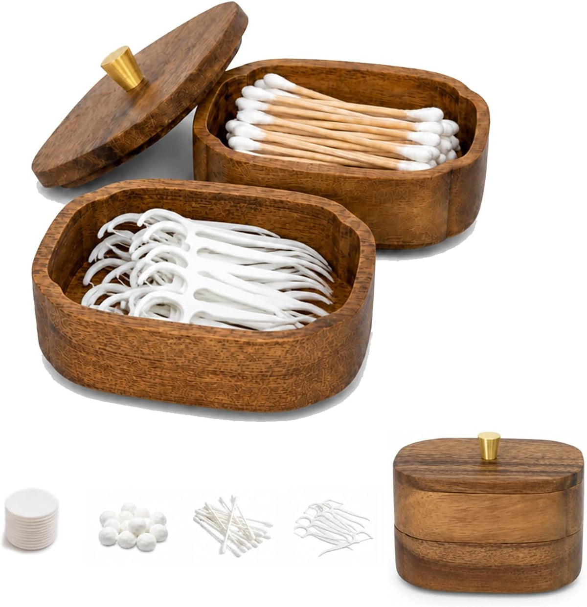 Walnut Wood Qtip Holder, Bathroom Canister for Cotton Swabs & Floss Picks