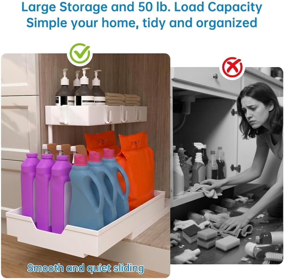 NATURE'S SOURCE 2-Tier Under Sink Organizers and Storage 2 Pack Sliding L-shape Under Cabinet Organizers For Narrow Space Multi-purpose Sink Organizer for Bathroom Kitchen Drawer(White 2 Pack)