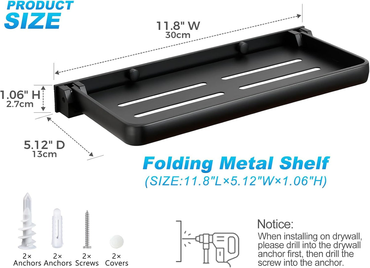 RV Fold-Down Wall Shelf - 12 Inch Space Saving Small Folding Shelf | Wall Mount Storage for RV, Laundry Room, Bathroom, Kitchen | Waterproof Rustproof Aluminum (Black)