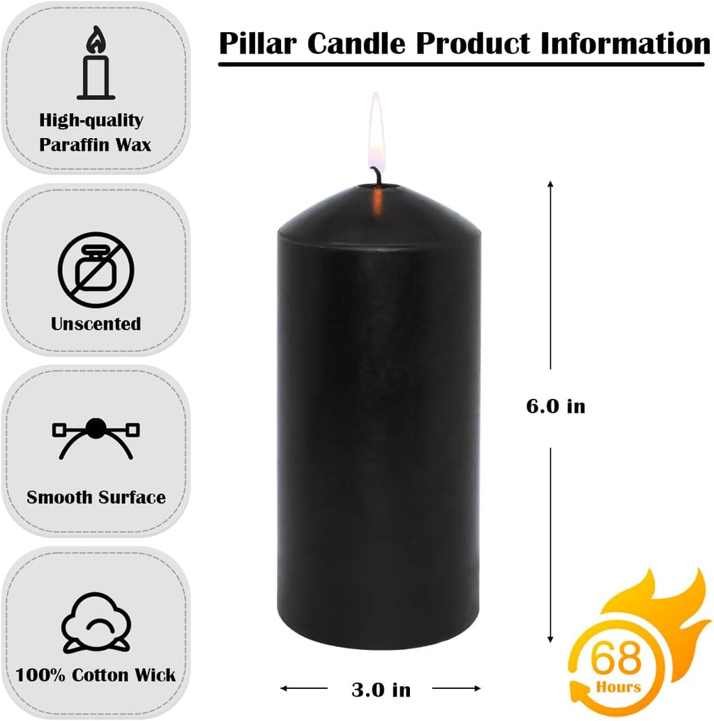 MISSYO 70 Hour Long Burning Unscented Pillar Candles, Dripless and Smokeless Candles for Home Weddings Restaurant Spa Church - Black, 3x6 inch, 3 Pack