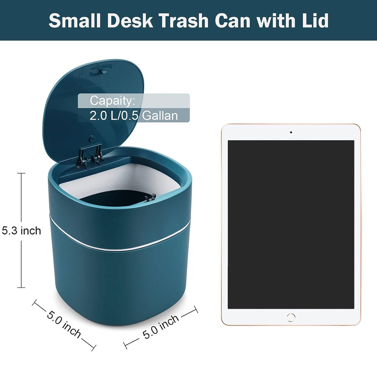 Mini Desk Trash Can with Pop-Up Lid Includes 180 Bags 0.5 Gallon, Blue