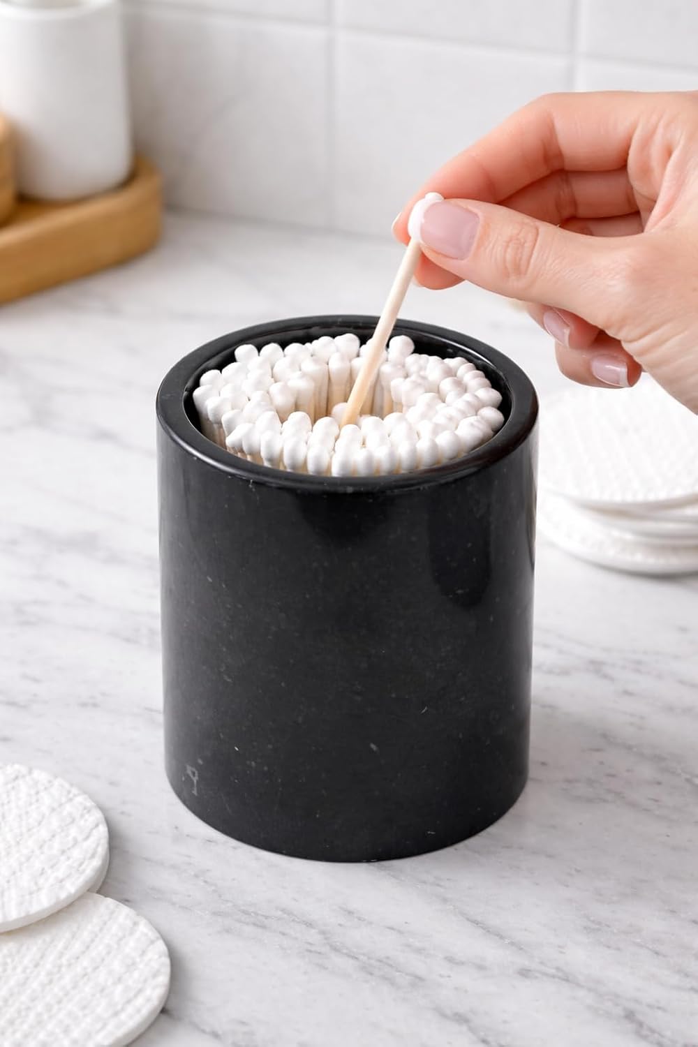 Marble Q-Tip Holder for Bathroom, Black 4" Cotton Swab Canister