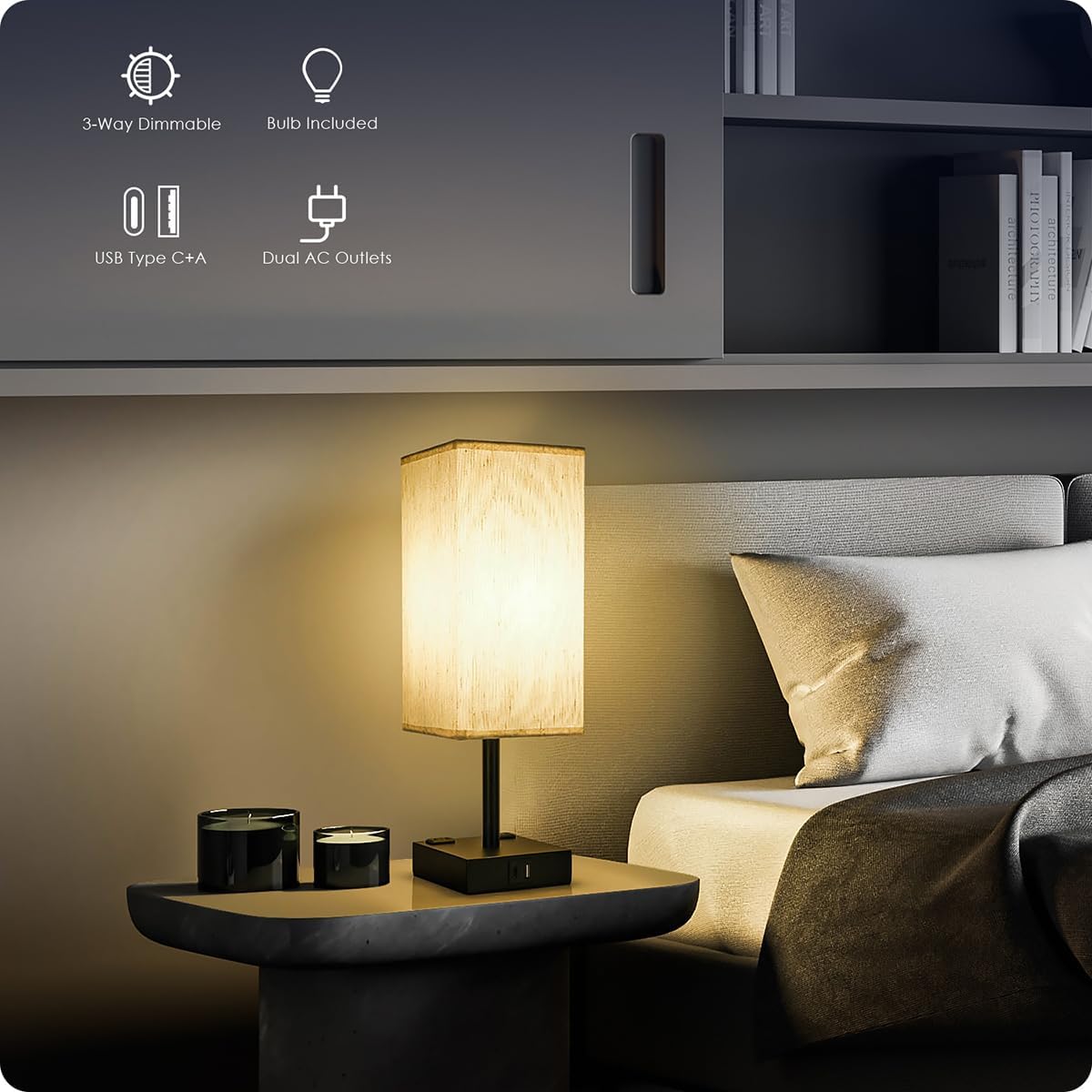 Bedside Table Lamp for Bedroom - Touch Small Lamp with USB C+A Charging Ports & AC Outlets, 3 Way Dimmable Nightstand Light for Living Room (LED Bulb Included, Flaxen)