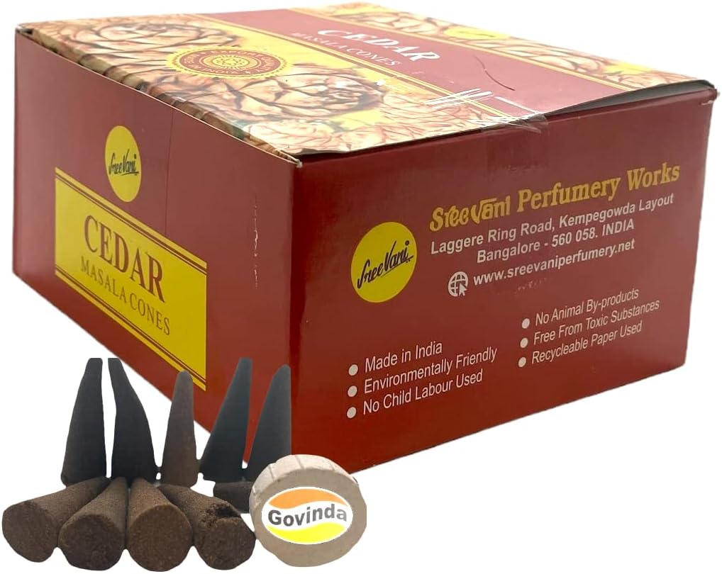 Sreevani Natural Masala Incense Cones and Holder Bundle, 120 Cones Total, Cedar