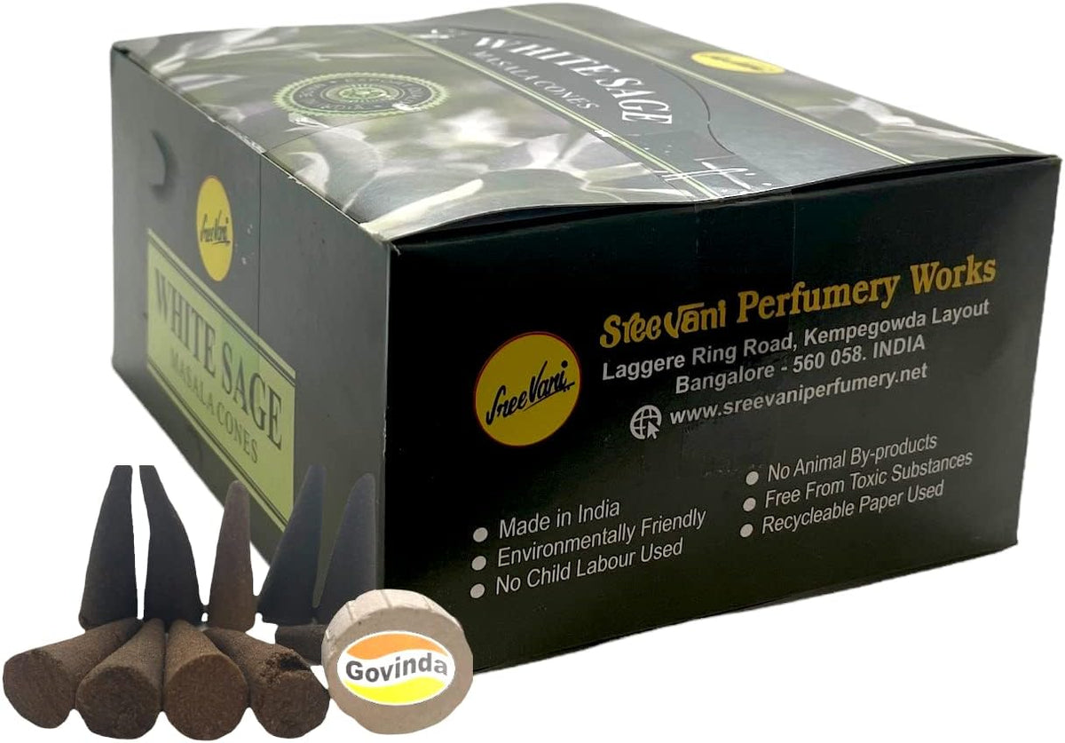 Sreevani Natural Masala Incense Cones and Holder Bundle, 120 Cones Total, White Sage