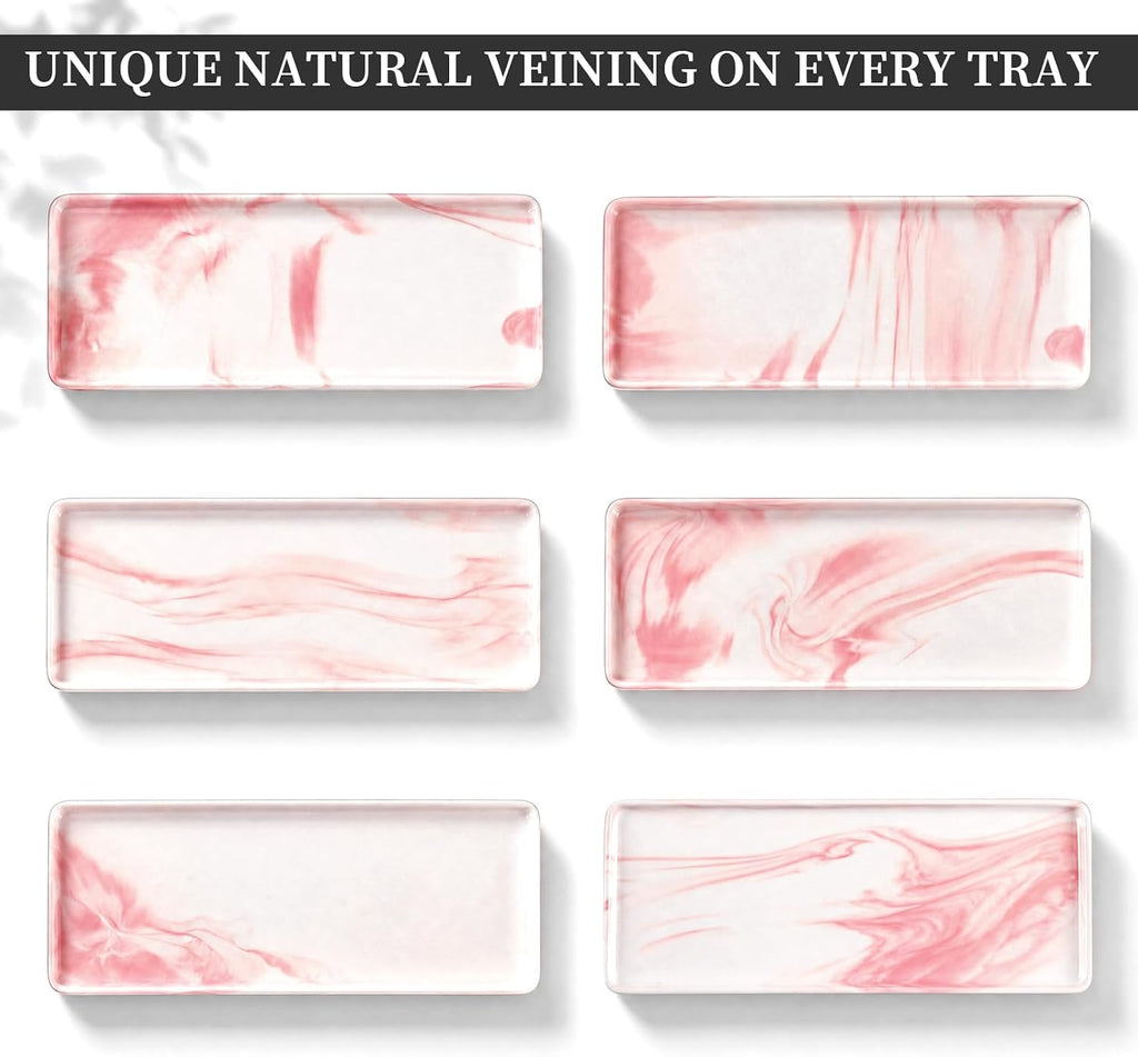 8″ x 3.7″ Ceramic Vanity Tray, Decorative Rectangular Organizer for Bathroom Countertop, Dresser Top, Kitchen & Bathtub, for Soap, Perfume, Candle, Jewelry & Cosmetics (Marble-Pink)