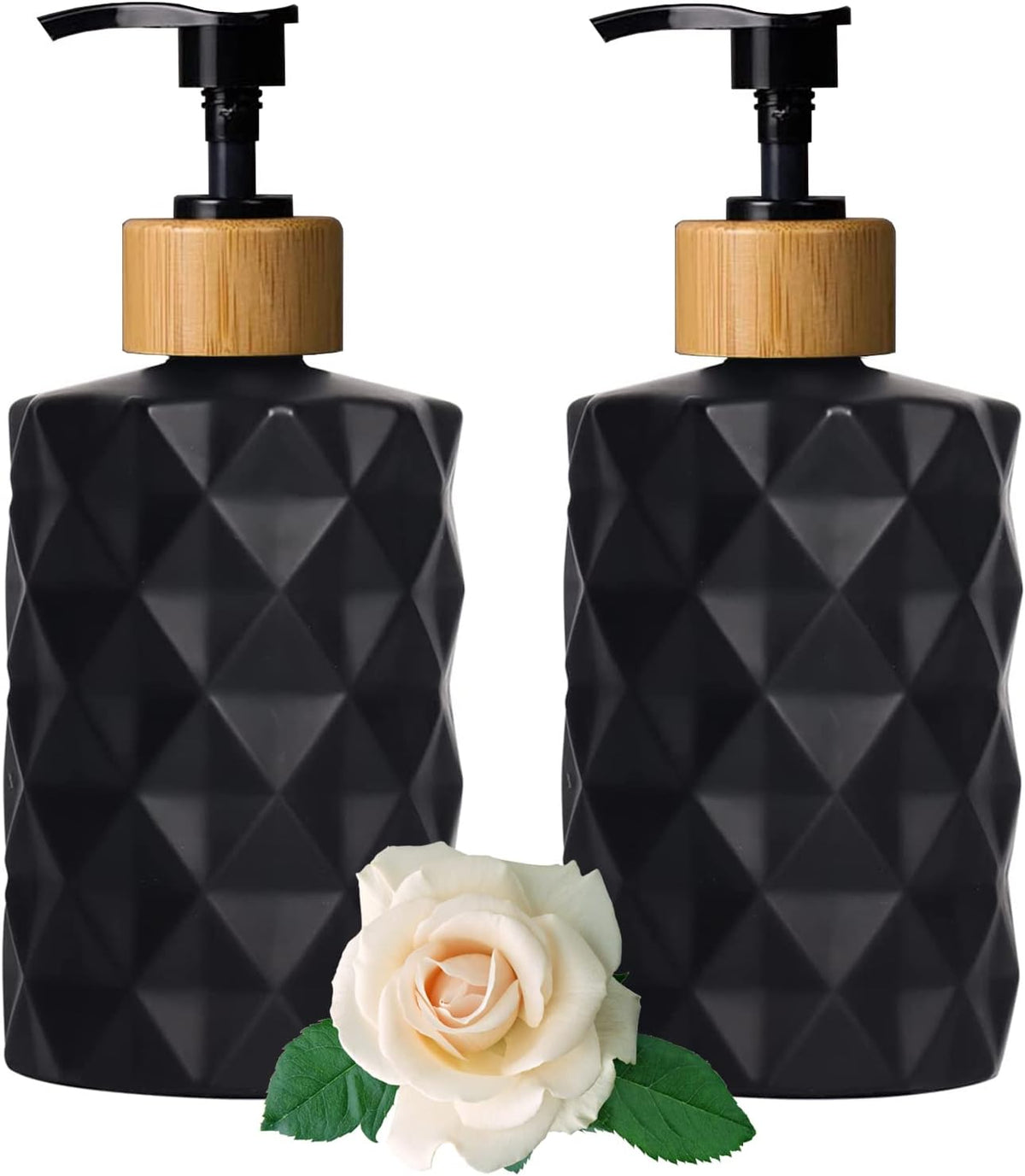 YYTSGG Black Glass Soap Dispenser Set with Bamboo Pump, 12oz, 2 Pack