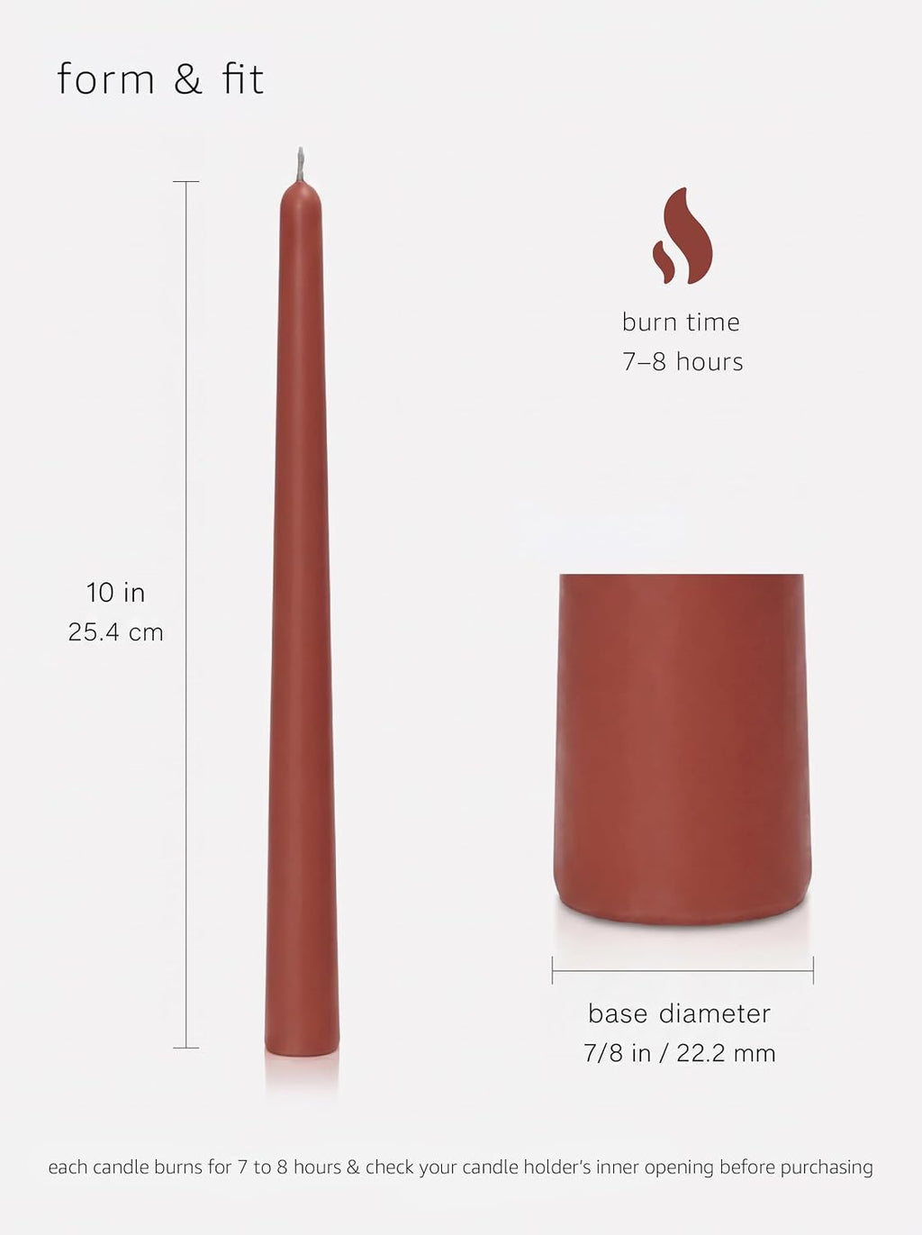 10" Classic Taper Candles, Terracotta, 4-Pack, 7-8 Hours Long Burning, Unscented Tall Candlesticks