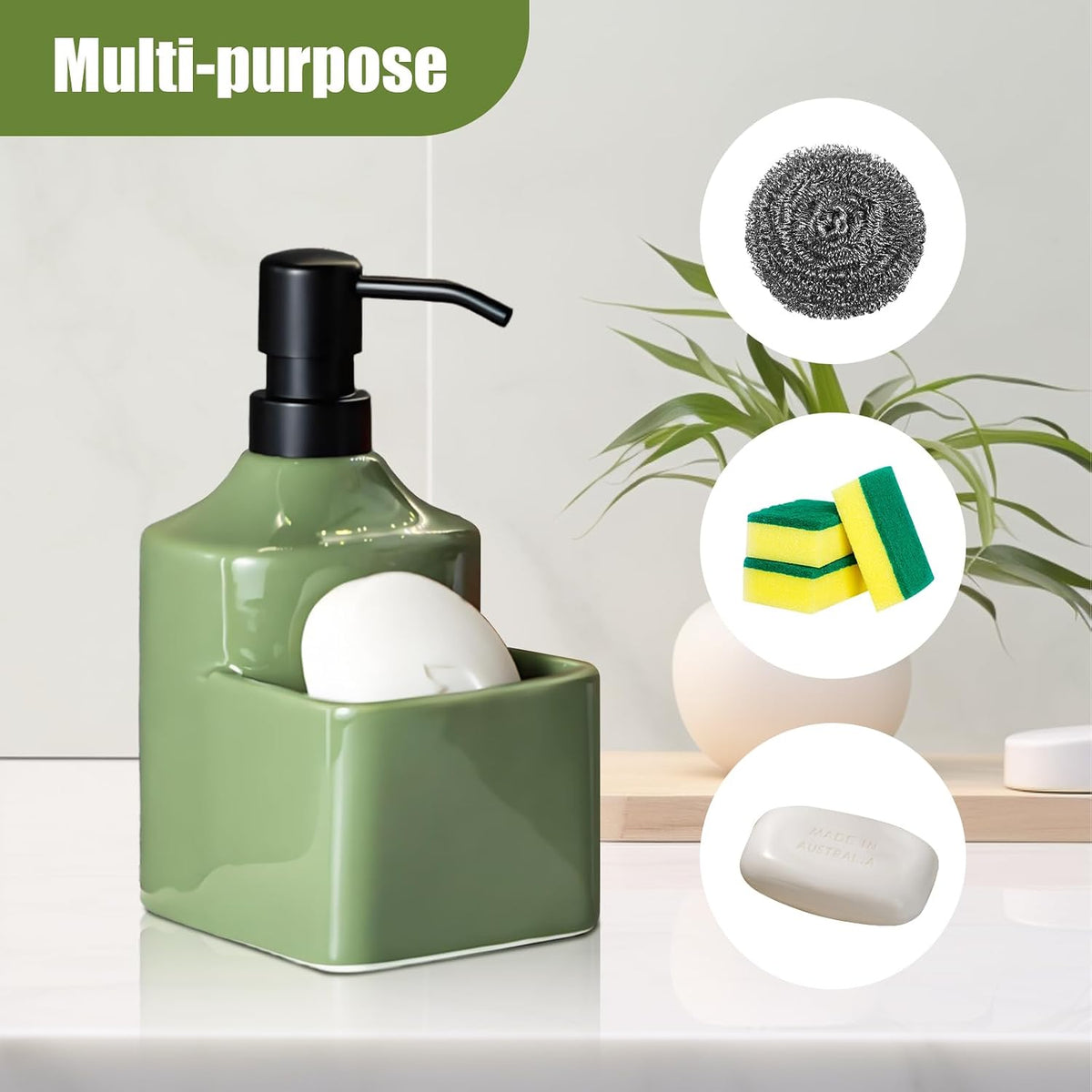 Gets Soap Dispenser Green Ceramic Pump Bottle with Storage Holder