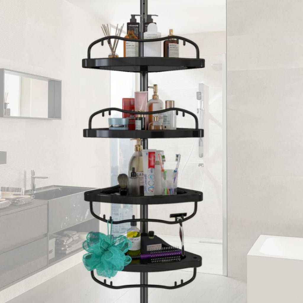 Shower Caddy,Shower Caddy Tension Pole with 4 ABS Baskets,Shower Storage Shelf with 56 to 125 Inch Adjustable Stainless Pole for Bathroom Black