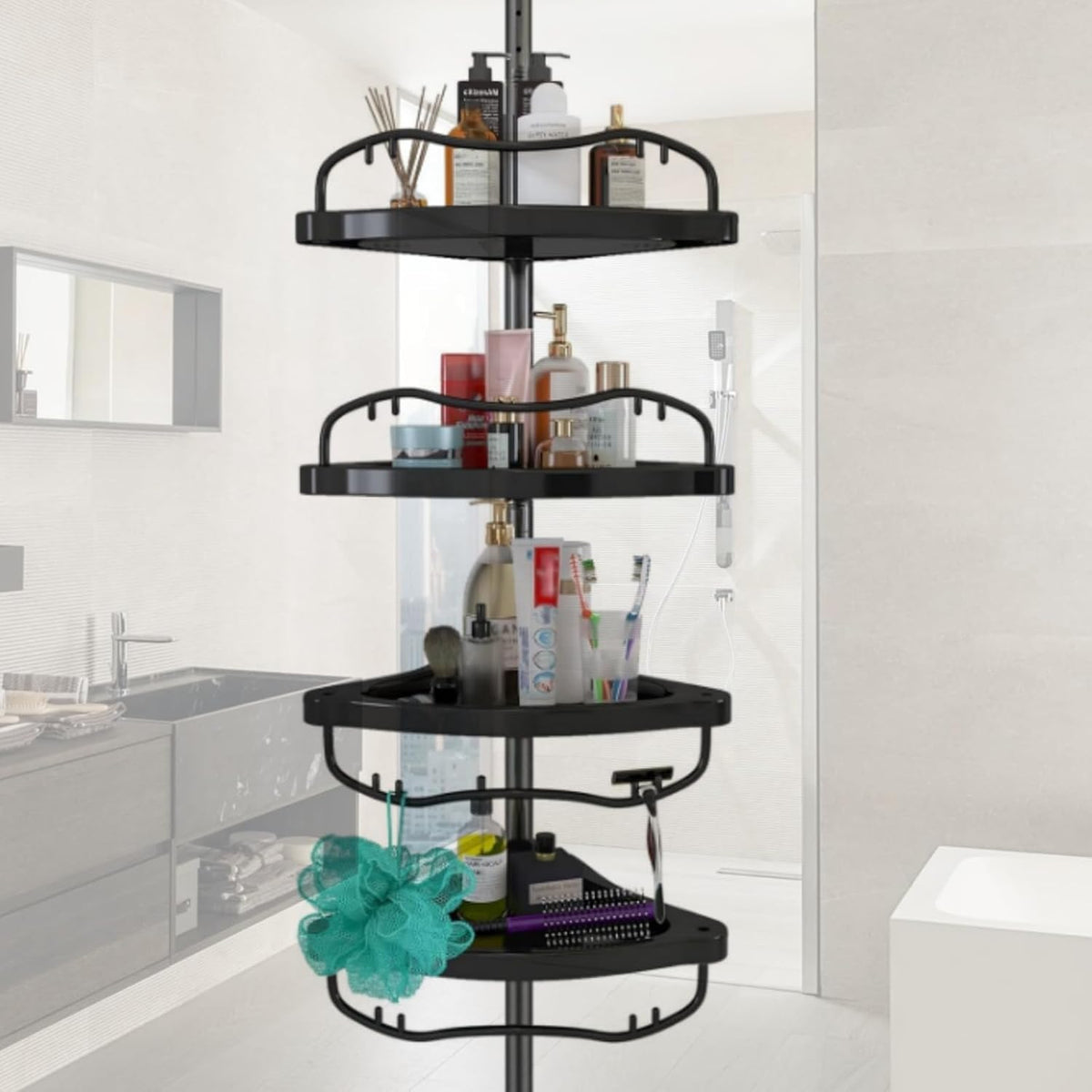 Shower Caddy,Shower Caddy Tension Pole with 4 ABS Baskets,Shower Storage Shelf with 56 to 125 Inch Adjustable Stainless Pole for Bathroom Black