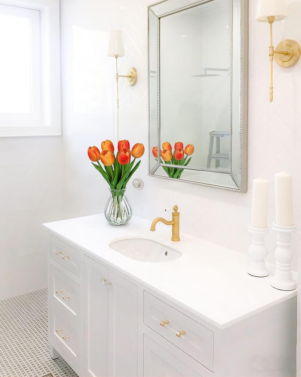 Fall Artificial Tulips Flowers in Glass Vase - 6 Pcs Faux Flowers in Vase with Faux Water 12.5" Orange & Yelow Ombre Fake Tulips Bouquet Floral Arrangement Centerpiece for Living Room Table Home Decor