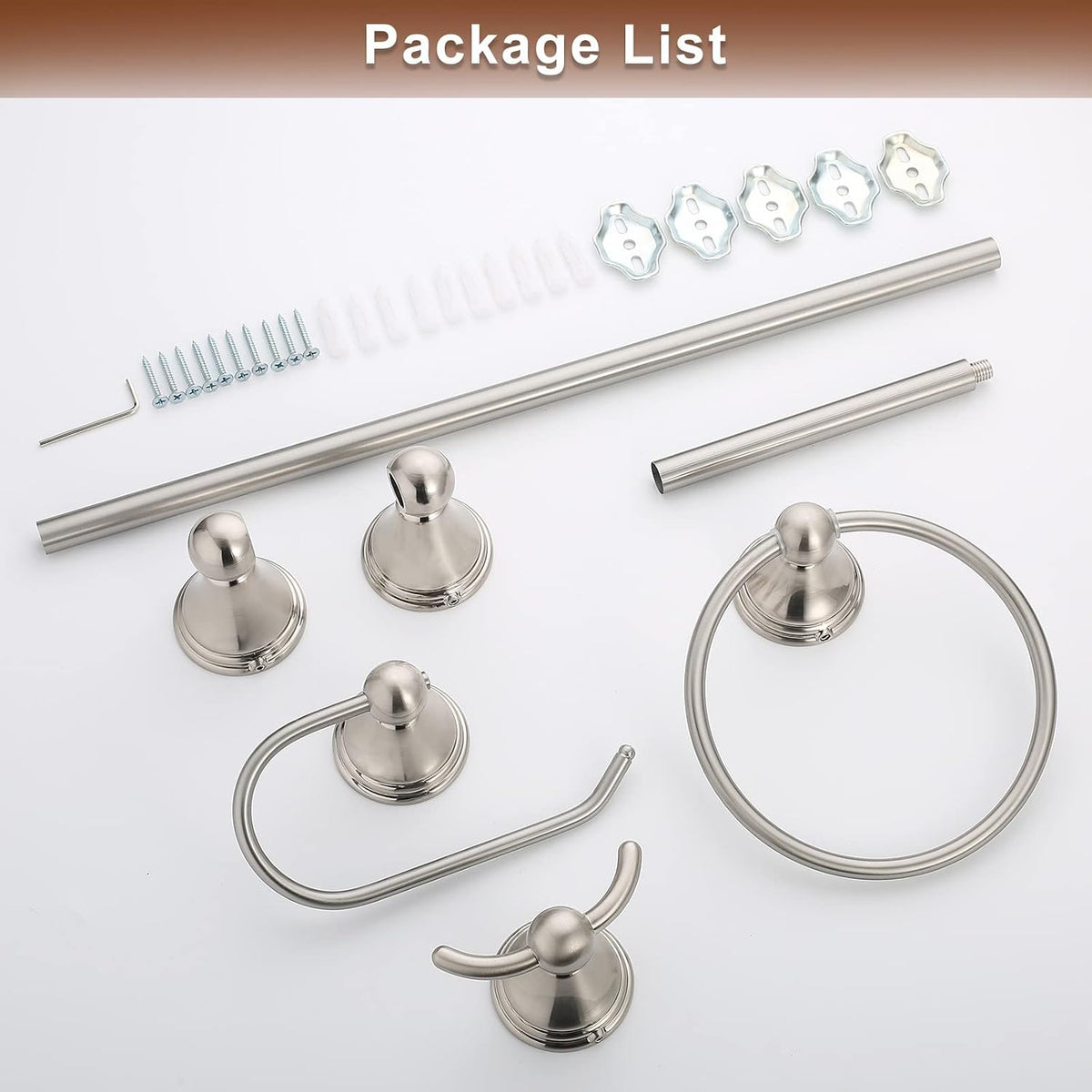 FILTA Brushed Nickel Bathroom Hardware Set - 4 Piece Towel Holder Set with 18 or 24 Inch Towel Bar