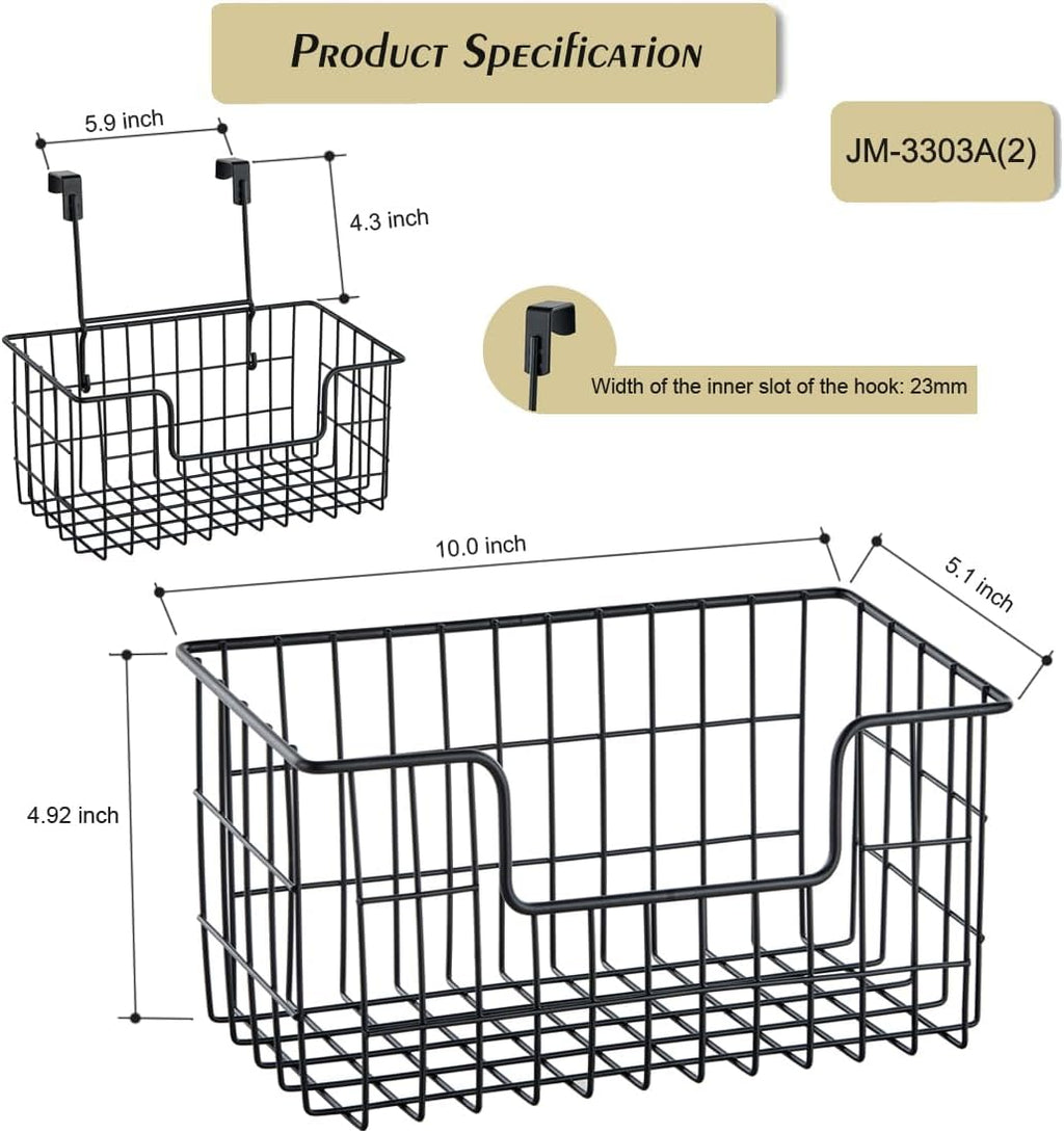JUNCHU CHERRY Wire Storage Basket 2 Packs, Wall Mounted Kitchen Bathroom, Hanging Cabinet Door Storage Basket, no Drilling, Supporting 2 Types of Hooks, Strong Bearing, Suitable for Home, Black