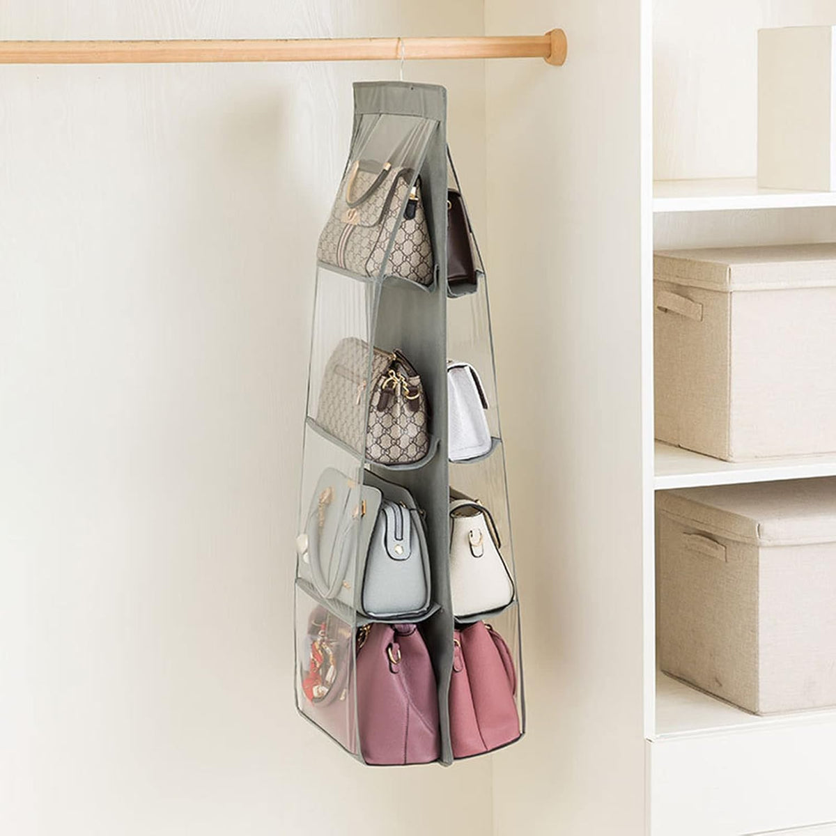 HAN SHENG 8-Pocket Clear Hanging Purse Organizer for Closet, Grey, 1 Pack