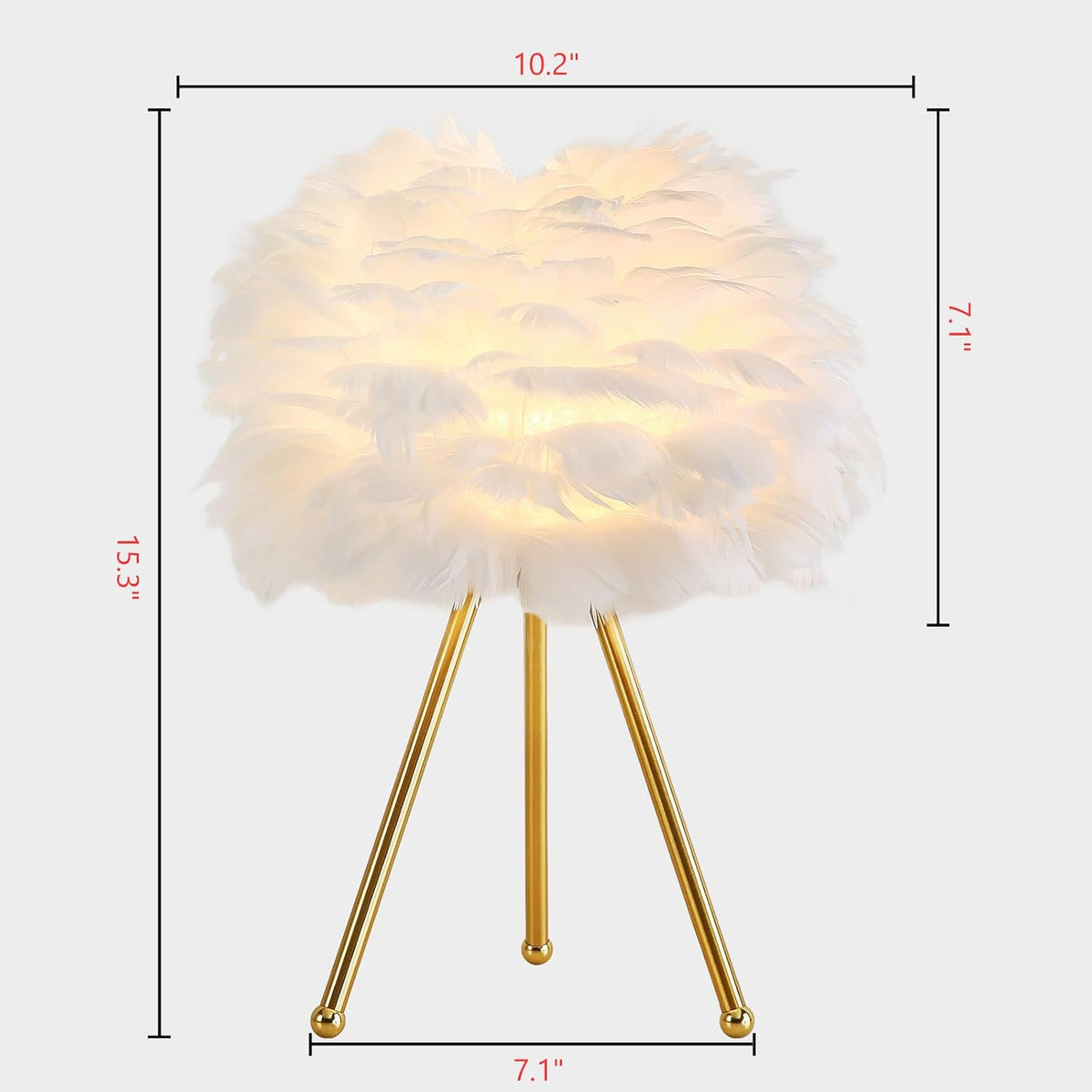 Capslpad Feather Tripod Table Lamp - 15.3" Modern White Bedside/Desk Lamp with Gold Finish for Living Room, Nursery, Kids, Bedroom, Girls Room Decor