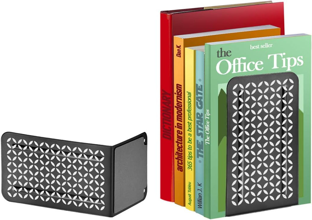 Acrimet Bookends for Shelves, Non-Skid Book Holder, Heavy Duty Steel Metal Book Ends for Home, Library, 6 7/8" H x 4" W x 4 1/2" D (Black Bookends with Silver Design) (1 Pair / 2 Pieces)