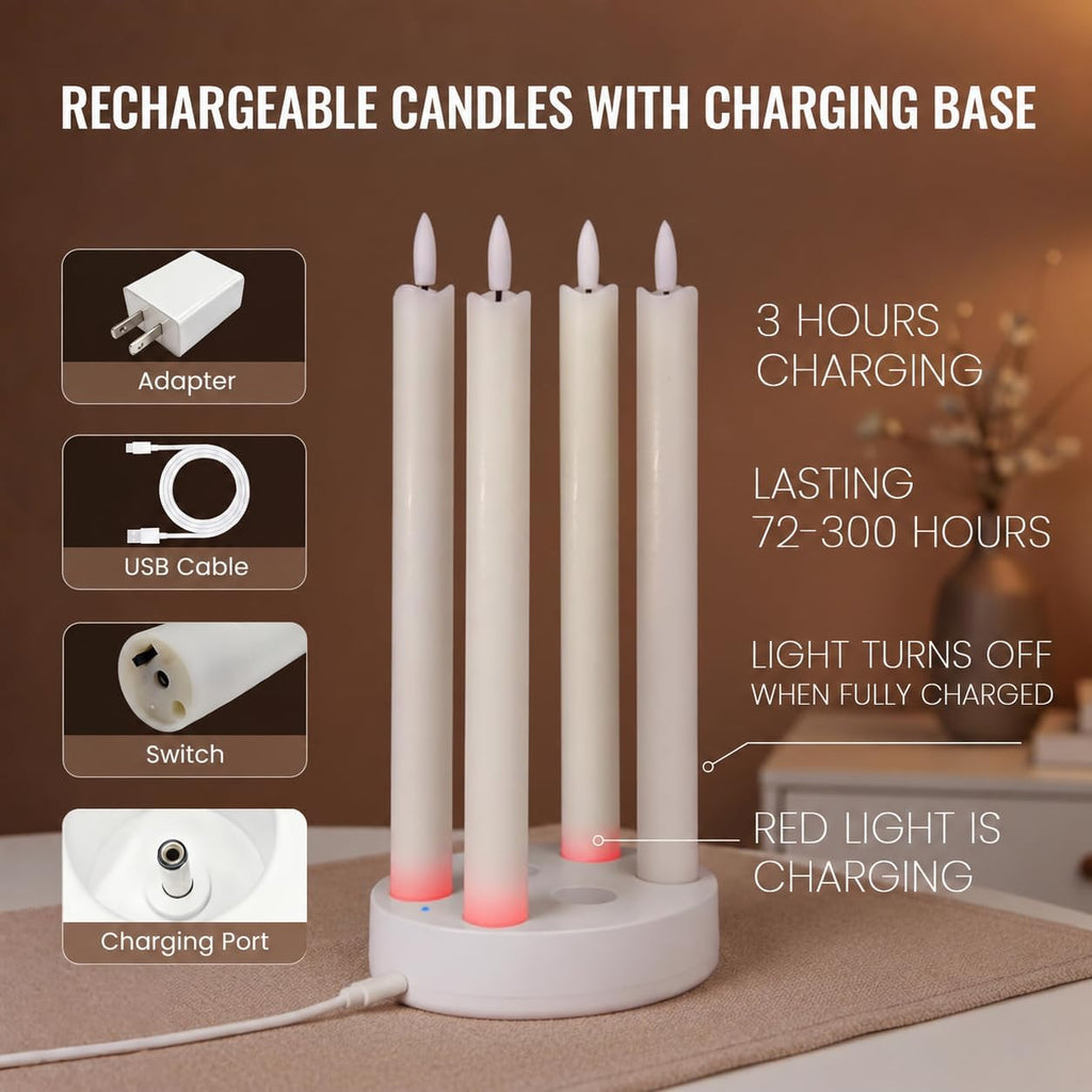 Rechargeable Flameless Taper Candles with Remote & Charging Base, 6 Pack