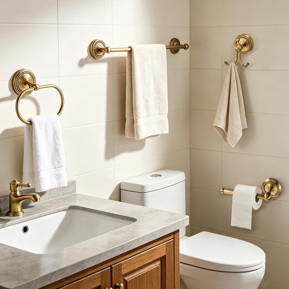 Wall Mounted 4 Pcs Antique Brass Bathroom Hardware Set Gold Bathroom Accessories, Vintage Bath Towel Bar Toilet Paper Holder Towel Ring & Double Robe Hook Kit for Shower Room