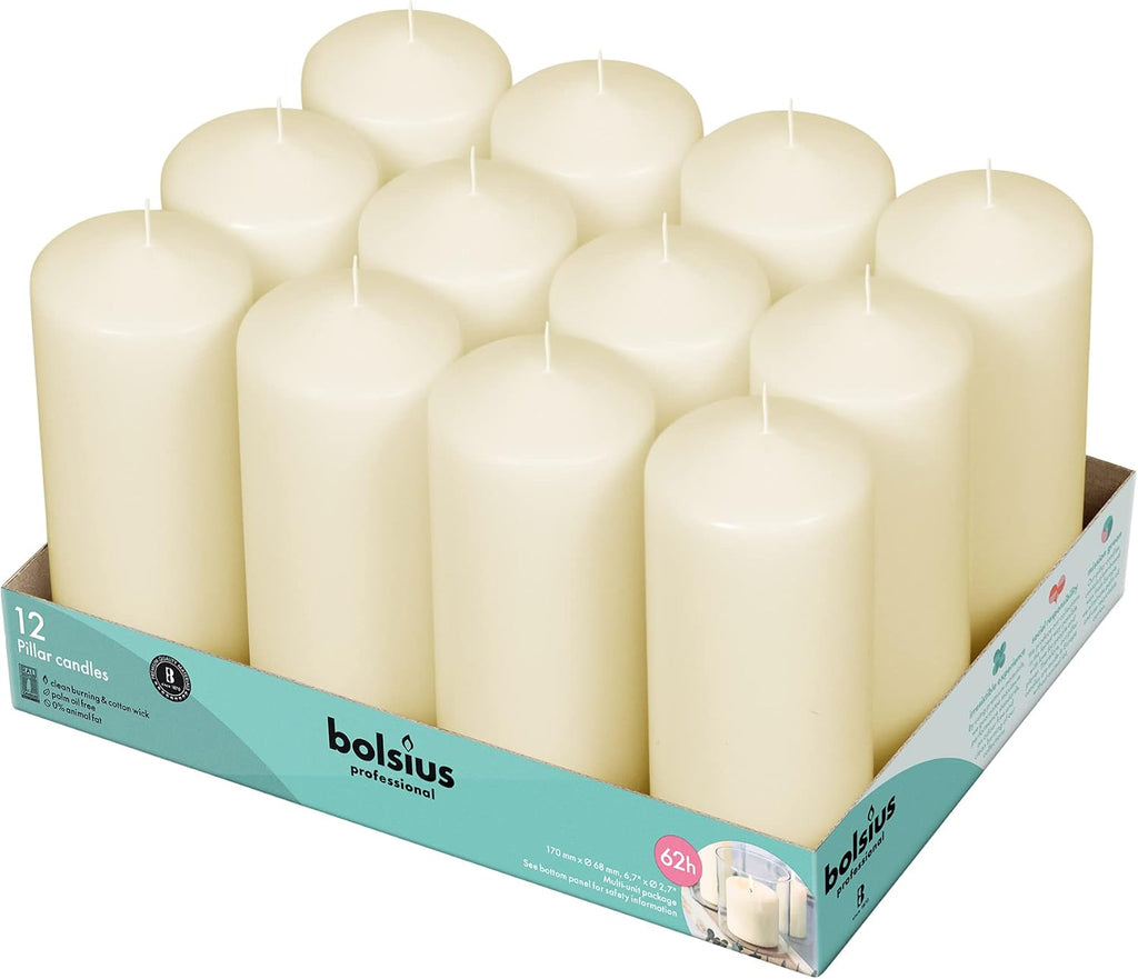 BOLSIUS 12 Ivory Pillar Candles - 2.7 x 6.7 inch Unscented Candle Set - Dripless Clean Burning Smokeless Dinner Candle - Perfect for Wedding Candles, Parties and Special Occasions