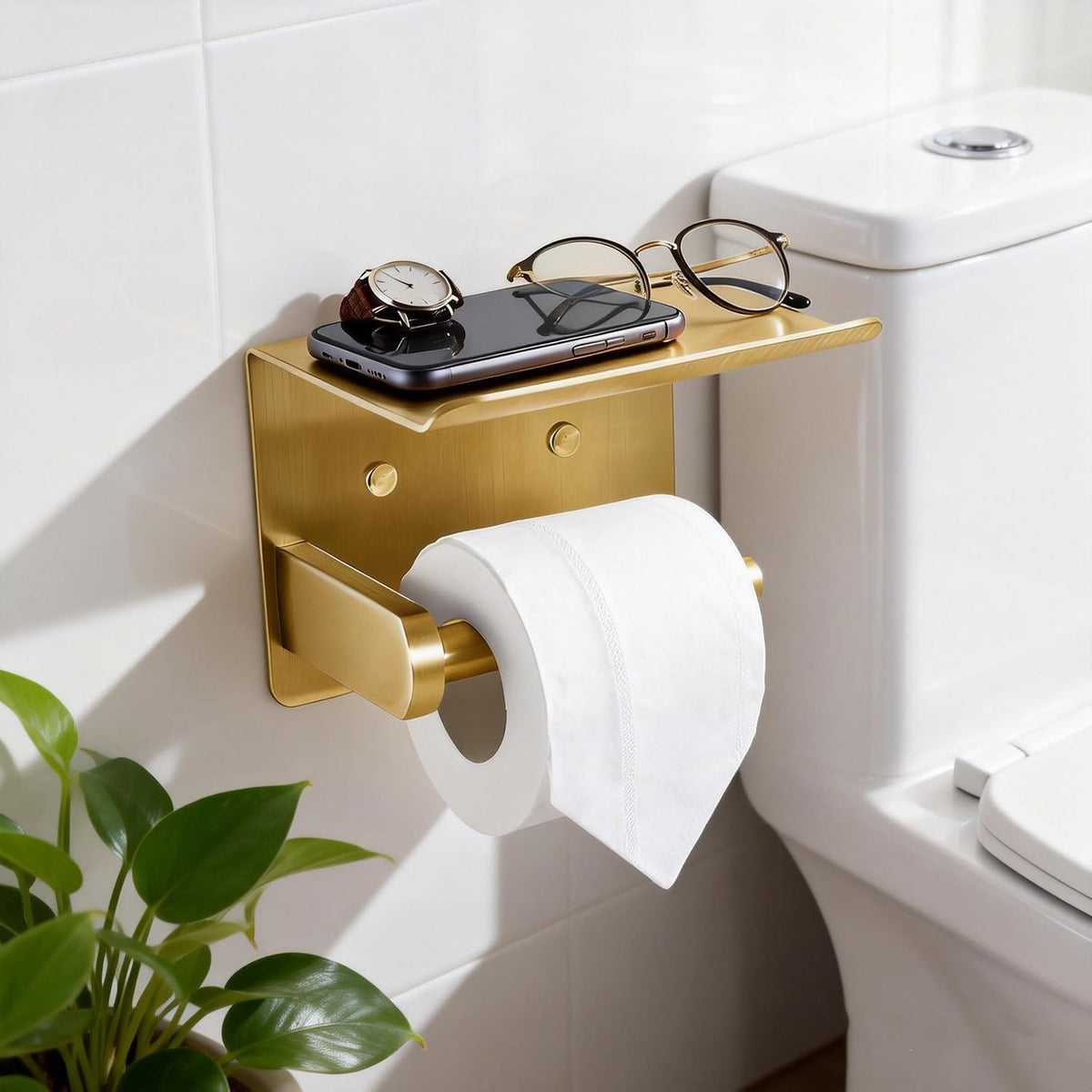 Toilet Paper Holder with Shelf, Heavy-Duty Stainless Steel Bathroom Hardware, Self-Adhesive No-Drill/Drill-Mount Wall-Mounted Roll Holder, Rust-Proof Bathroom Tissue Rack (Gold)