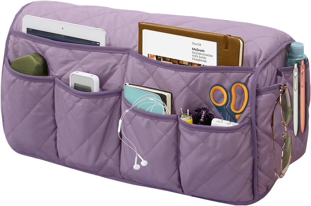 Armchair Caddy for Recliner, Non-Slip Recliner Pocket Organizer, Remote Holder for Recliners, Sofa Armrest Organizer, Couch Caddy with 14 Pockets Storage for TV Remote, Phone, Magazine (Purple)